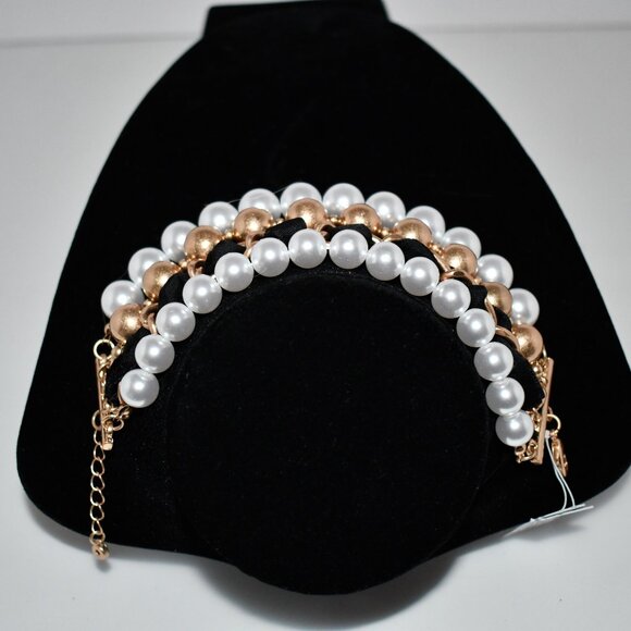 Southern Living 3 Strand Bracelet Gold/Pearls & Velvet Ribbon #SLBB6481BLK NWT - Picture 3 of 4